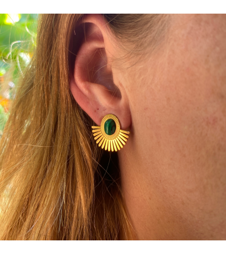 Clip earrings with green malachite stone