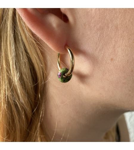 Gold plated hoop earrings with a stone bead - green purple