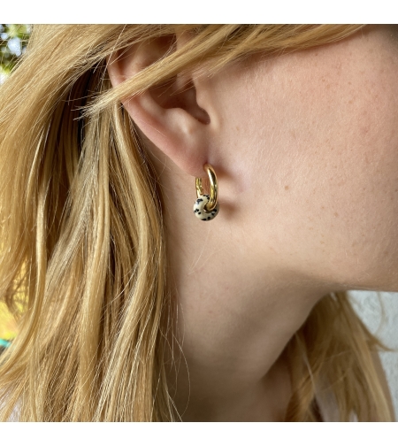 Gold plated hoop earrings with a stone bead - dalmatian