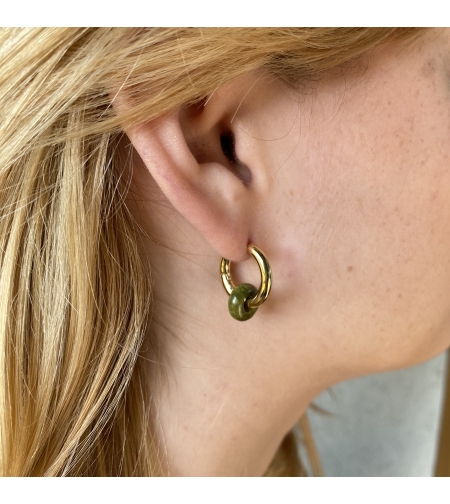 Gold plated hoop earrings with a stone bead - india green