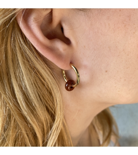 Gold plated hoop earrings with a stone bead - sparkling red