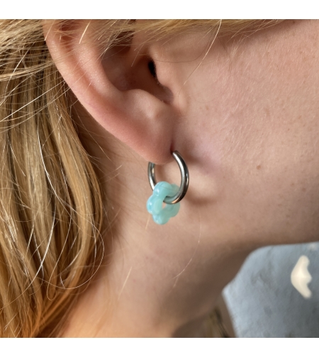 Silver plated hoop earrings with a stone bead - light blue flower