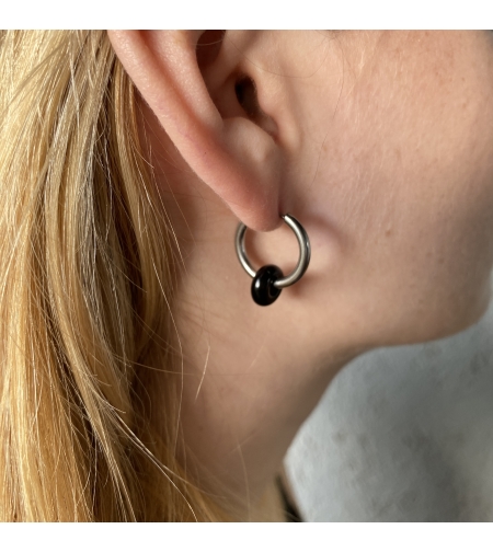 Silver plated hoop earrings with a stone bead - black onyx