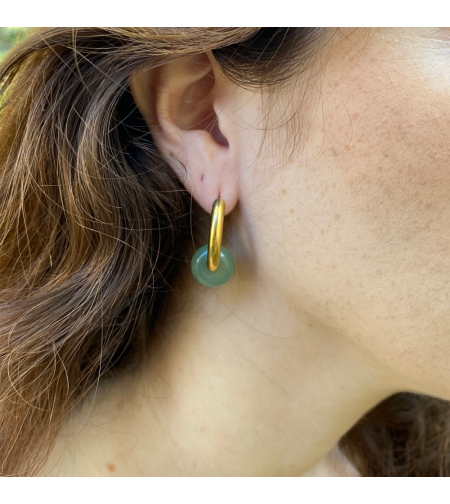 Gold plated hoop earrings with a stone bead - light green