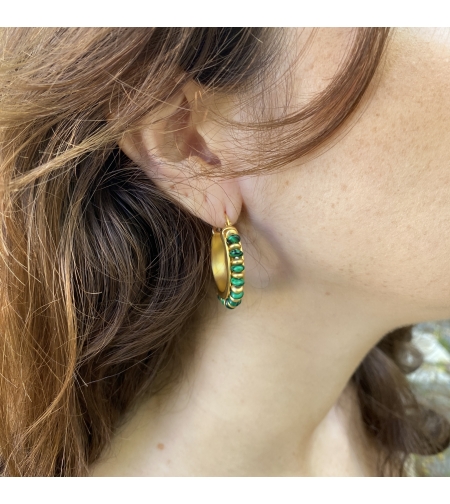 Gold-plated hoop earrings with malachite and brass beads