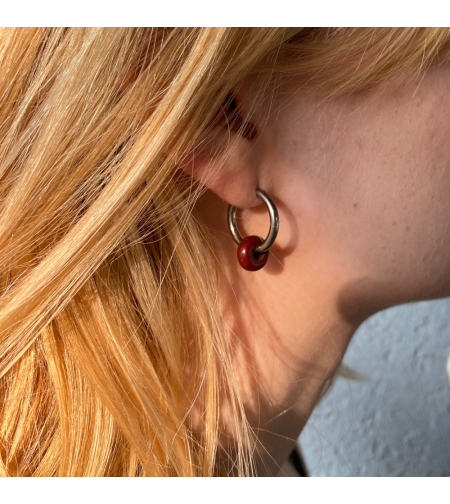 Silver plated hoop earrings with a stone bead - wine red