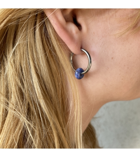 Silver plated hoop earrings with a stone bead - sky blue