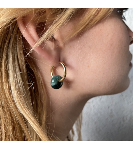 Gold plated hoop earrings with a stone bead - sea green