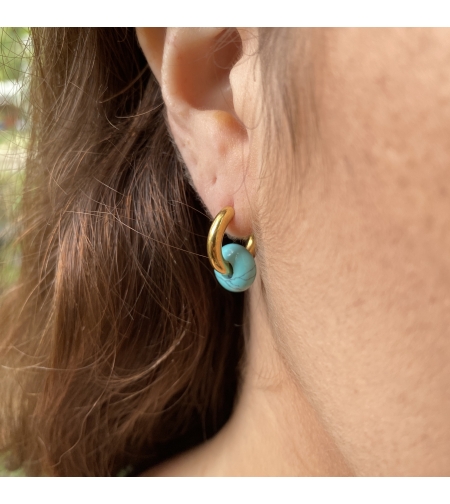 Gold plated hoop earrings with a stone bead - turquoise