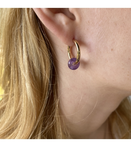 Gold plated hoop earrings with a stone bead - amethyst