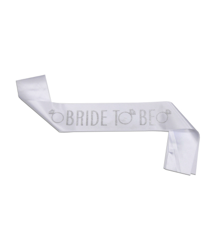 Bride sash - white satin, gold text
