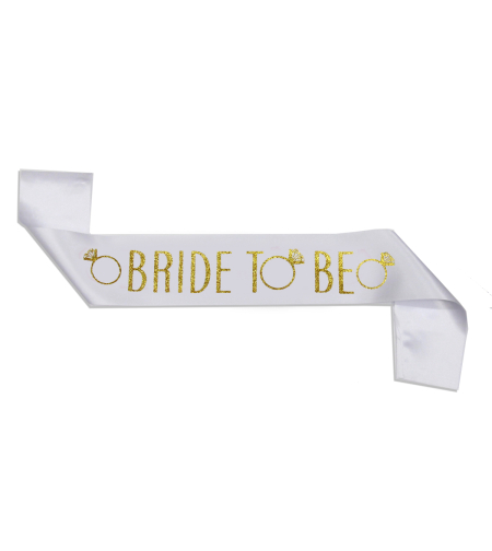 Bride sash - white satin, gold text