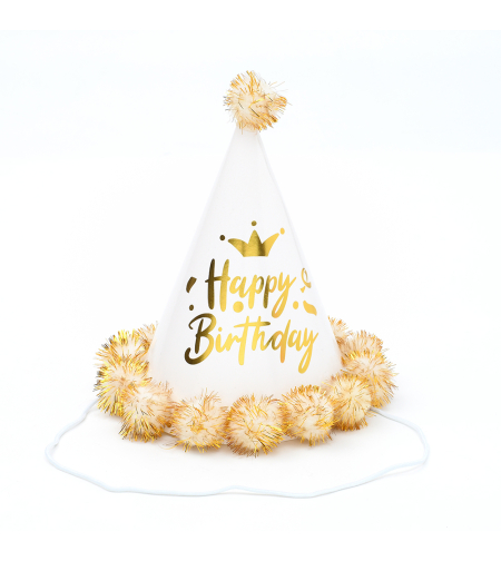 Pompon hat - happy birthday, shiny white