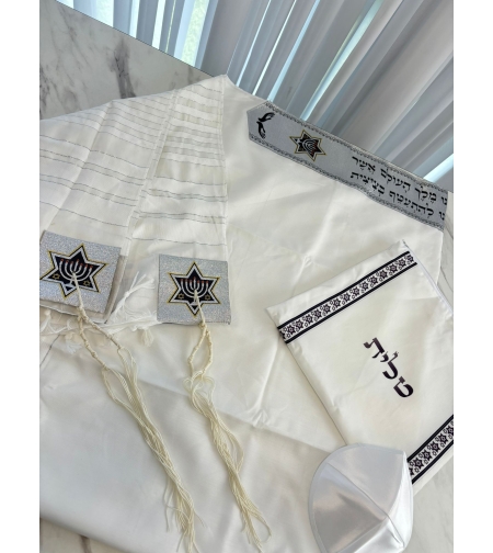 טלית חתנים אקרילן מהודרת  בעטרה ייחודית בצבע שחור וכסף וסמל המנורה 614