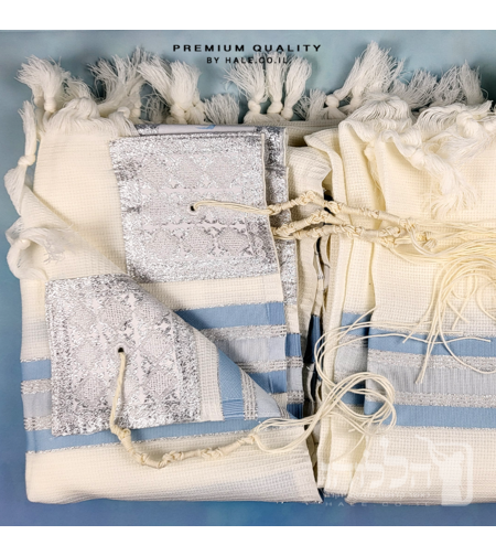 טלית צמר פסים בצבע תכלת, לא מחליקה - 267