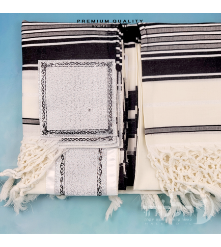 טלית תימנית 100% צמר חלק – פסים שחורים - 263