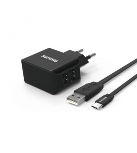 מטען סלולר כפול שחור + כבל PHILIPS 3.1A 15.5W TYPE-C