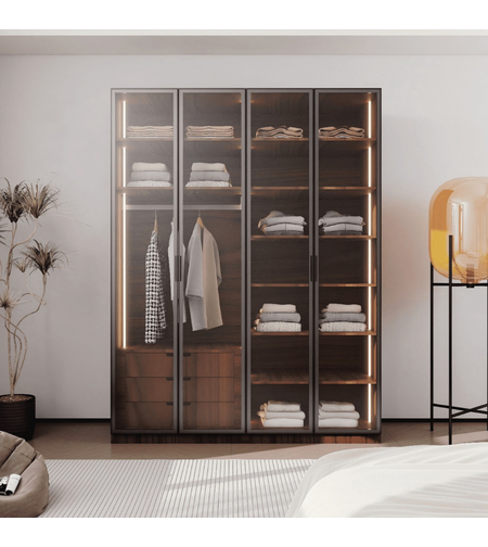 ארון בגדים 4 דלתות זכוכית עם תאורת LED דגם קופנהגן חום כהה | מבית WOODY