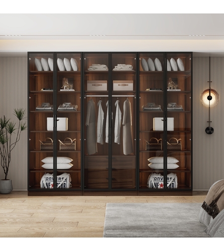ארון בגדים 6 דלתות זכוכית עם תאורת LED רוחב 240 סדרת איטליה דגם רומא חום כהה | מבית WOODY