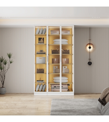 ארון בגדים 3 דלתות זכוכית עם תאורת LED רוחב 120 סדרת איטליה דגם אלגרו לבן משולב עץ טבעי | מבית WOODY