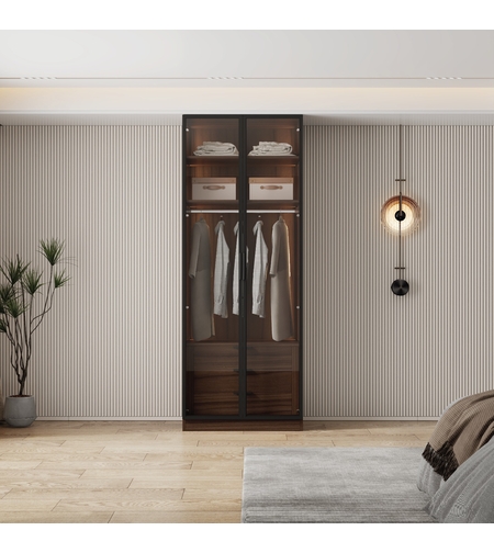 ארון בגדים 2 דלתות זכוכית עם תאורת LED רוחב 80 דגם מילאנו חום כהה | מבית WOODY