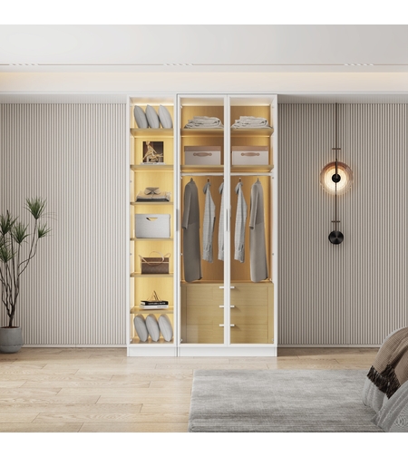 ארון בגדים 3 דלתות זכוכית עם תאורת LED רוחב 120 סדרת איטליה דגם טורינו לבן משולב עץ טבעי | מבית WOODY