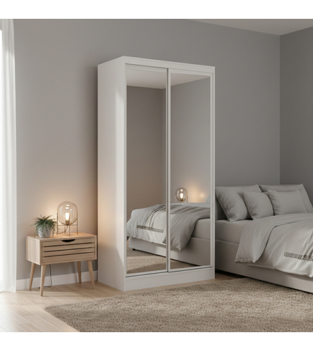 ארון הזזה 2 דלתות 100×220 עם מראות דגם מיאמי Miami לבן | מבית WOODY