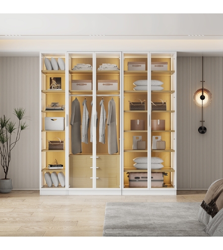 ארון בגדים 5 דלתות זכוכית עם תאורת LED רוחב 200 סדרת איטליה דגם לוקה לבן משולב עץ טבעי | מבית WOODY