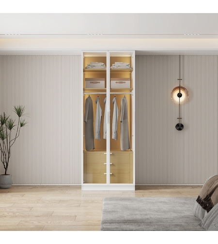 ארון בגדים 2 דלתות זכוכית עם תאורת LED רוחב 80 דגם מילאנו לבן משולב עץ טבעי | מבית WOODY