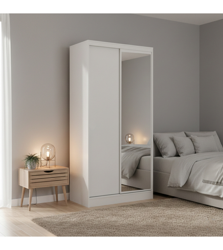 ארון הזזה 2 דלתות 100×220 מראה צד ימין דגם מיאמי Miami לבן | מבית WOODY