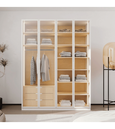 ארון בגדים 4 דלתות זכוכית עם תאורת LED דגם קופנהגן לבן משולב עץ טבעי | מבית WOODY