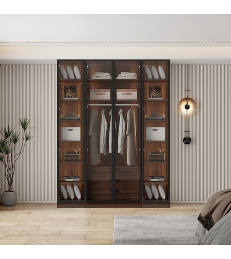 ארון בגדים 4 דלתות זכוכית עם תאורת LED רוחב 160 סדרת איטליה דגם נאפולי חום כהה | מבית WOODY