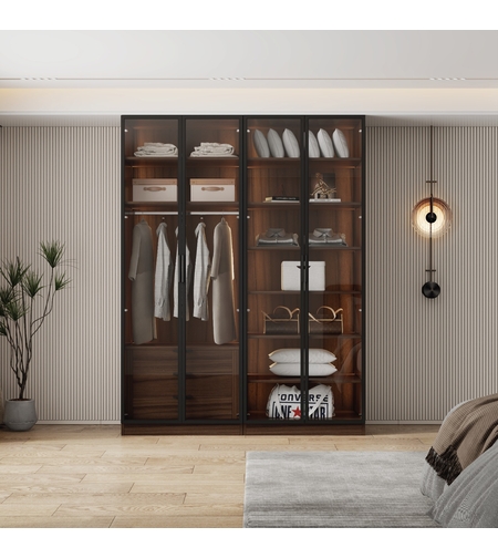 ארון בגדים 4 דלתות זכוכית עם תאורת LED רוחב 160 סדרת איטליה דגם פיזה חום כהה | מבית WOODY