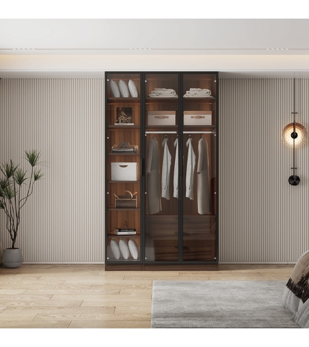 ארון בגדים 3 דלתות זכוכית עם תאורת LED רוחב 120 סדרת איטליה דגם טורינו חום כהה | מבית WOODY