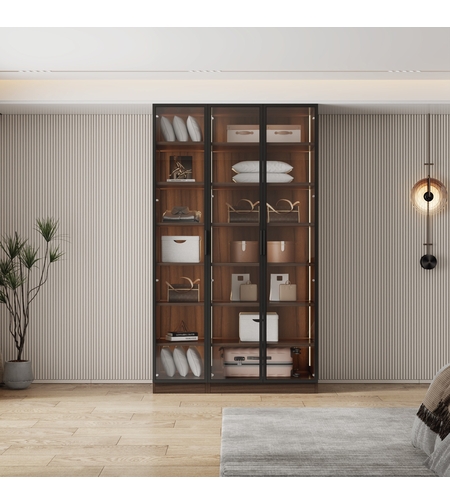 ארון בגדים 3 דלתות זכוכית עם תאורת LED רוחב 120 סדרת איטליה דגם אלגרו חום כהה | מבית WOODY