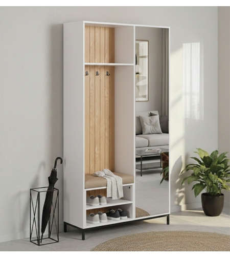 ארון כניסה מעוצב רוחב 100 כולל ספסל ישיבה ומראה דגם טוקיו Tokyo לבן משולב אלון | מבית WOODY