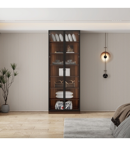 ארון בגדים 2 דלתות זכוכית עם תאורת LED רוחב 80 דגם ונציה חום כהה | מבית WOODY