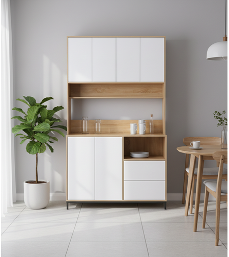 ארון שירות למטבח 120×210 עם מקום למיקרוגל דגם אוריין Orian לבן משולב עץ | מבית WOODY