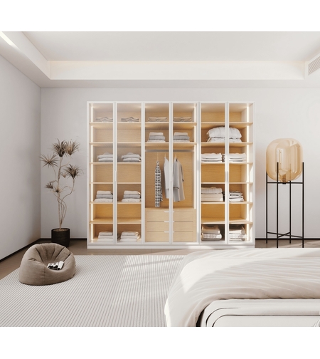 ארון בגדים 6 דלתות זכוכית עם תאורת LED רוחב 240 סדרת איטליה דגם רומא לבן משולב עץ טבעי | מבית WOODY