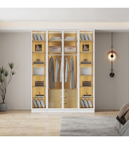 ארון בגדים 4 דלתות זכוכית עם תאורת LED רוחב 160 סדרת איטליה דגם נאפולי לבן משולב עץ טבעי | מבית WOODY