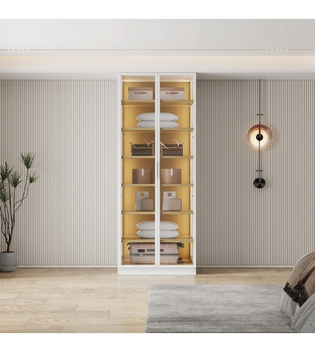 ארון בגדים 2 דלתות זכוכית עם תאורת LED רוחב 80 דגם ונציה לבן משולב עץ טבעי | מבית WOODY