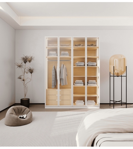 ארון בגדים 4 דלתות זכוכית עם תאורת LED רוחב 160 סדרת איטליה דגם פיזה לבן משולב עץ טבעי | מבית WOODY