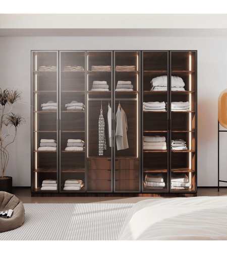 ארון בגדים 6 דלתות זכוכית עם תאורת LED דגם קופנהגן חום כהה | מבית WOODY
