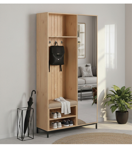 ארון כניסה מעוצב רוחב 100 כולל ספסל ישיבה ומראה דגם טוקיו Tokyo אלון | מבית WOODY