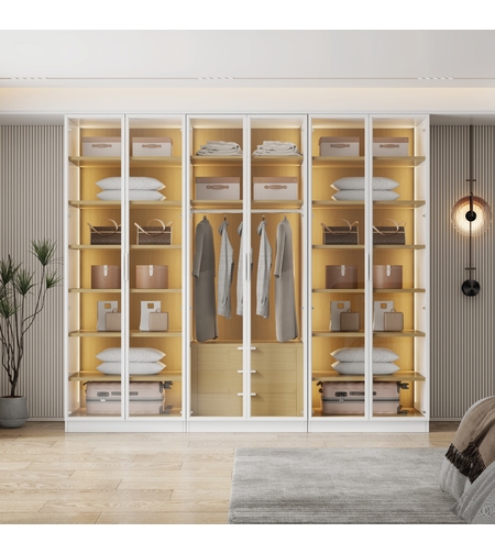 ארון בגדים 6 דלתות זכוכית עם תאורת LED רוחב 240 סדרת איטליה דגם רומא לבן משולב עץ טבעי | מבית WOODY