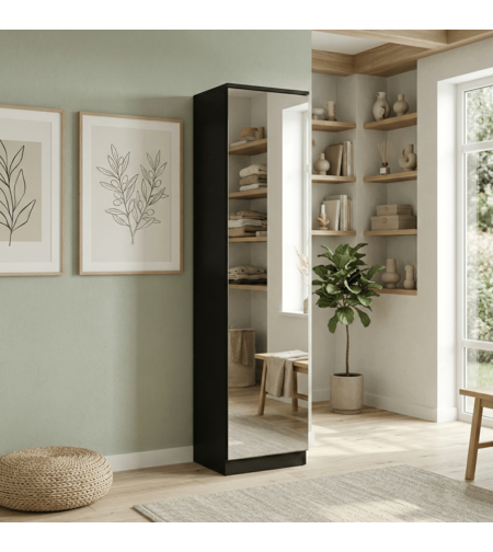 ארון נעליים 13 תאים מעוצב 45×200 עם מראה דגם ריו Rio שחור | מבית WOODY