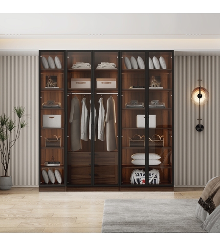 ארון בגדים 5 דלתות זכוכית עם תאורת LED רוחב 200 סדרת איטליה דגם לוקה חום כהה | מבית WOODY