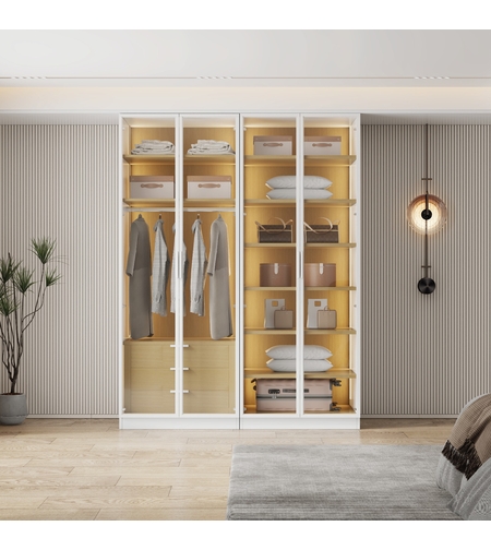 ארון בגדים 4 דלתות זכוכית עם תאורת LED רוחב 160 סדרת איטליה דגם פיזה לבן משולב עץ טבעי | מבית WOODY