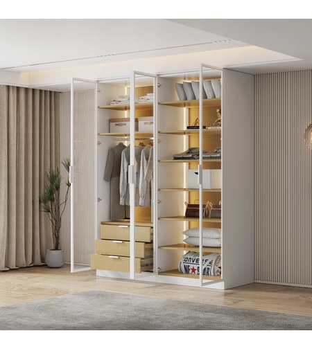 ארון בגדים 4 דלתות זכוכית עם תאורת LED רוחב 160 סדרת איטליה דגם פיזה לבן משולב עץ טבעי | מבית WOODY
