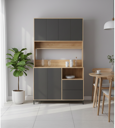 ארון שירות למטבח 120×210 עם מקום למיקרוגל דגם אוריין Orian אפור משולב עץ | מבית WOODY